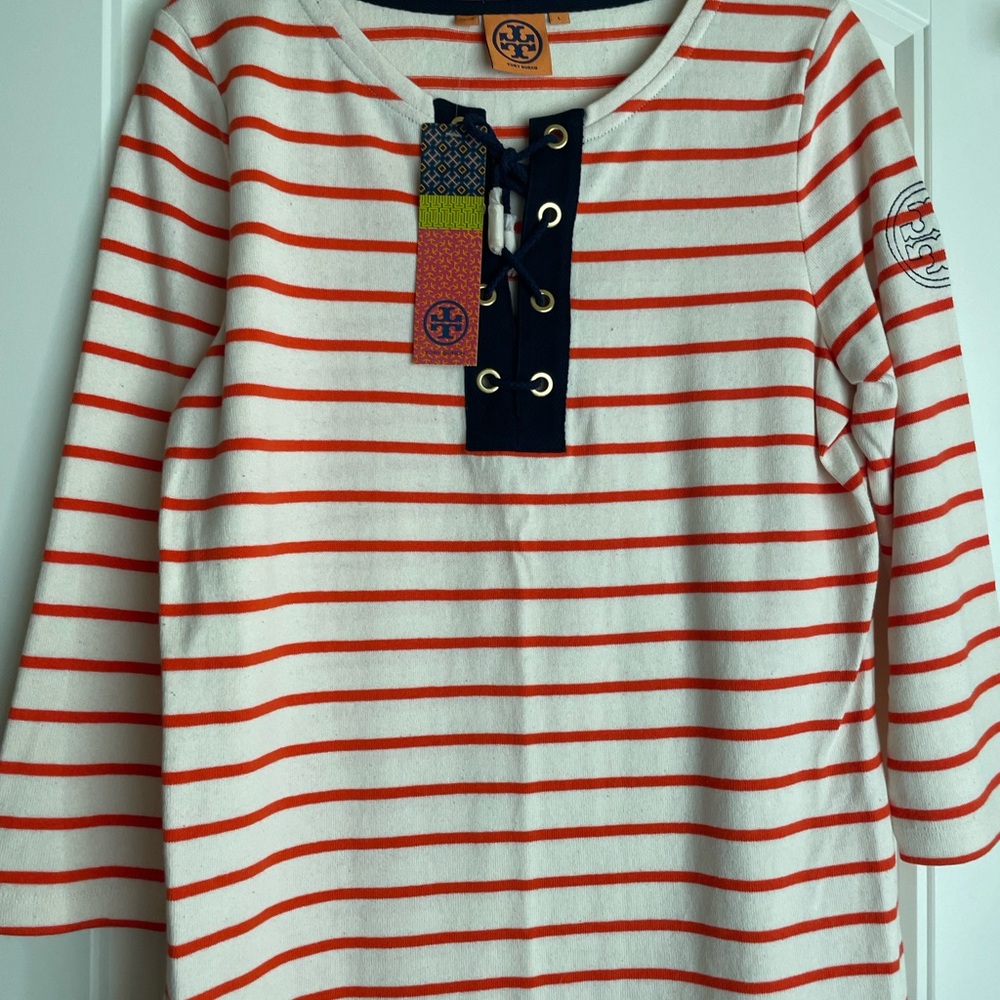 Striped Tori Birch Womens Henley Shirt with Dark Orange and White Design NWT